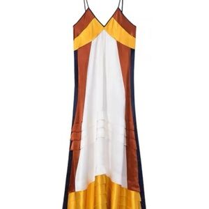 Tory Burch Colorblock Maxi Dress in White, Brown, and Yellow